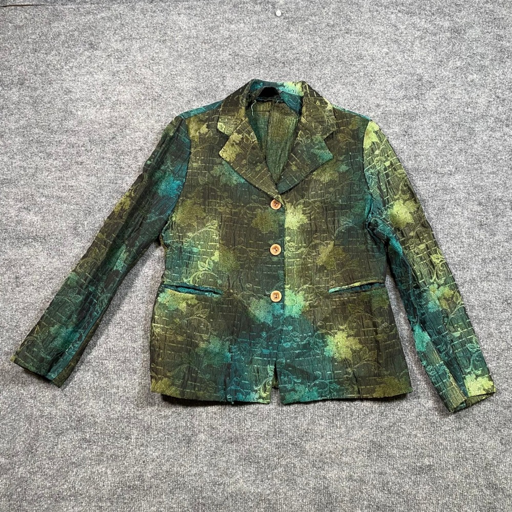Niki Paris France Green Teal Textured Jacquard Floral Blazer Jacket Size T2